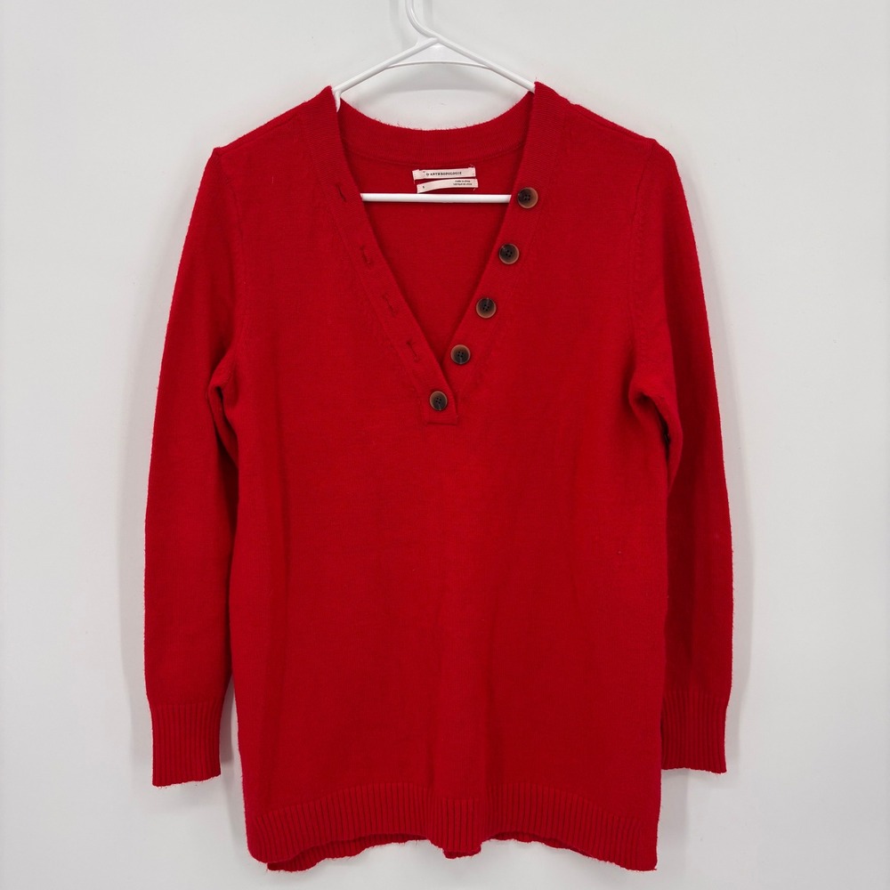 Anthropologie Henley Sweater Womens Small Red Excellent V-Neck Knit Side Slits